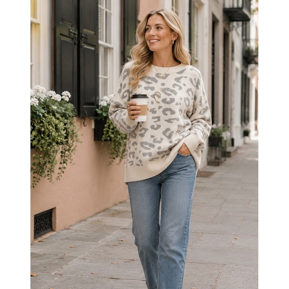 Wishlist Leopard‎ Print Sweater M/L Cream Gray Fuzzy Knit Oversized Crewneck